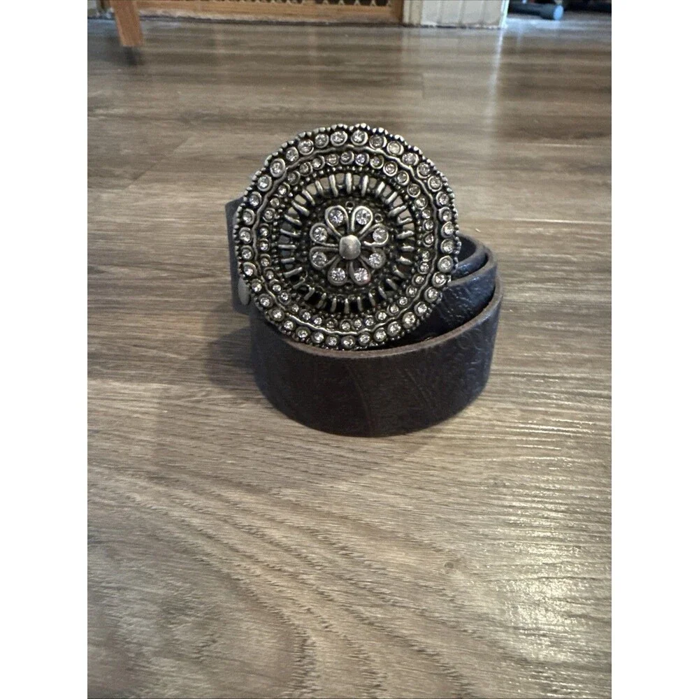 FOSSIL Genuine Leather Dark Brown Embellished Buckle Size S